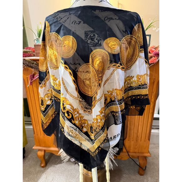 1990s Versace-Style Chain Medallion Scarf /Poncho – Silk Feel Polyester 34” - Picture 1 of 7